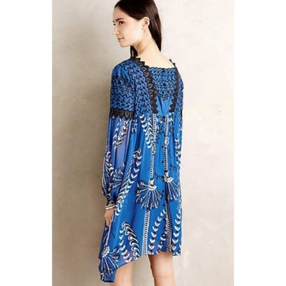FLOREAT ANTHROPOLOGIE Black Blue Embroider Floral LISSE Peasant BOHO Dress 2 - Picture 2 of 10
